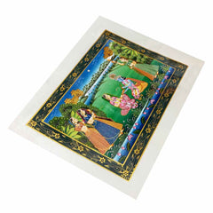 Side profile 30x20cm Radha Krishna silk painting showcasing fascinating traditional scene
