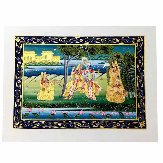 Front view Radha Krishna swinging silk miniature painting with Dasiya service details