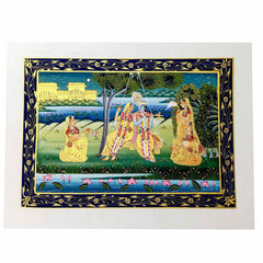 Front view Radha Krishna swinging silk miniature painting with Dasiya service details