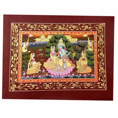 Front view of colorful Radha Krishna Vrindavan silk miniature painting with intricate brushwork