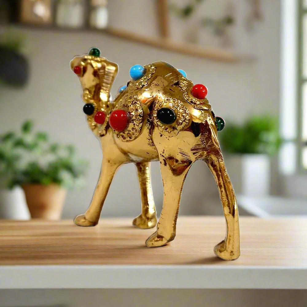 Side view of 6cm brass camel sculpture symbolizing ship of the desert, premium home decoration.