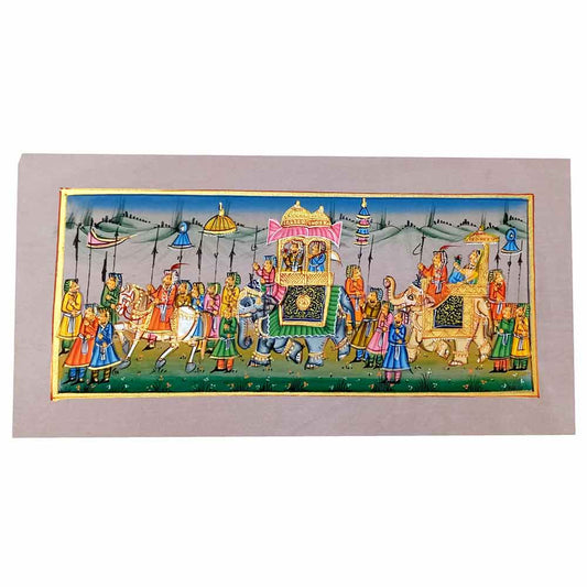 Front view famous Rajasthani miniature silk painting with elephants horses details