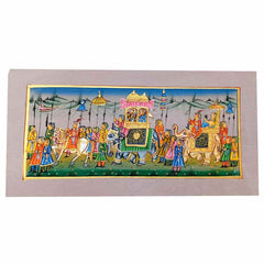Front view famous Rajasthani miniature silk painting with elephants horses details
