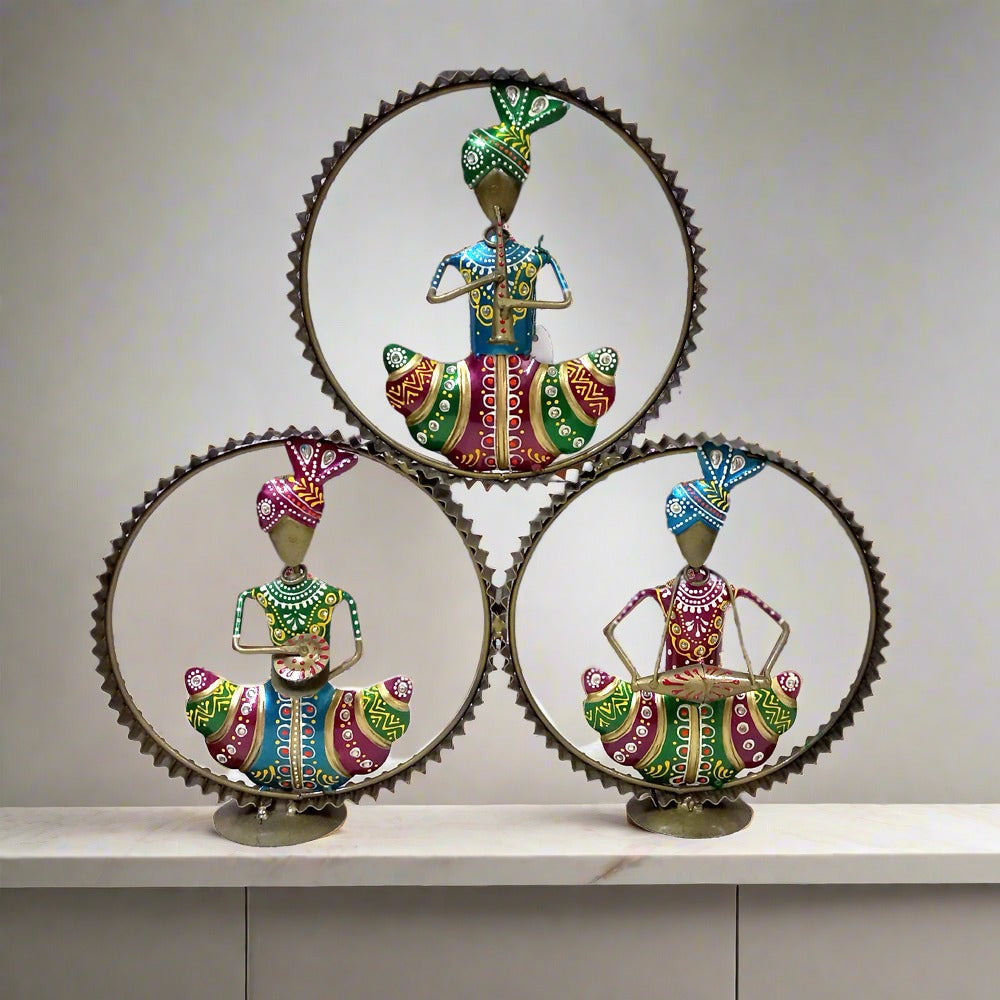 Table-mounted Rajasthani musical set with golden ring design, featuring musicians playing traditional instruments, a decorative showpiece.