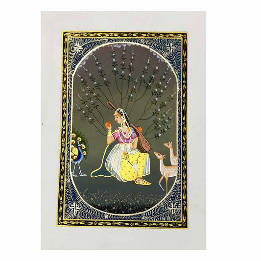 Front view spectacular Rajasthani Ragini silk miniature painting showcasing beauty details