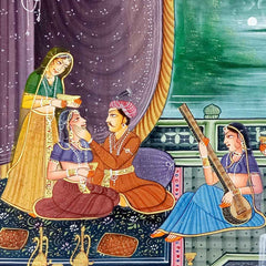 Close-up intricate details of Mughal emperors in miniature silk painting using watercolors Rajasthan handicraft