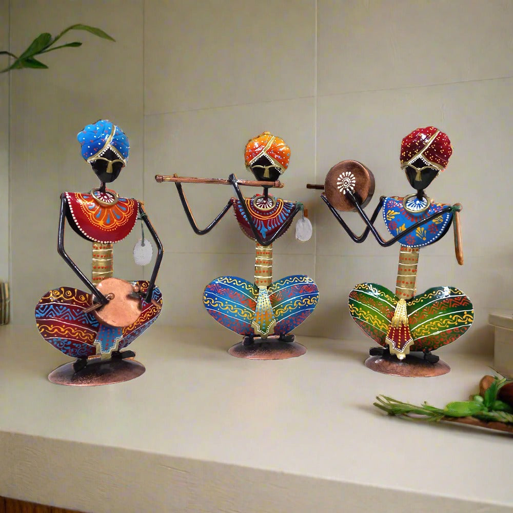 Traditional Rajasthani metal musician set of three hand-painted figurines playing different musical instruments, perfect for home or office decor.