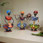 Traditional Rajasthani metal musician set of three hand-painted figurines playing different musical instruments, perfect for home or office decor.