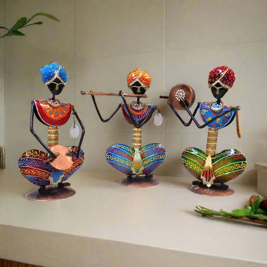 Traditional Rajasthani metal musician set of three hand-painted figurines playing different musical instruments, perfect for home or office decor.