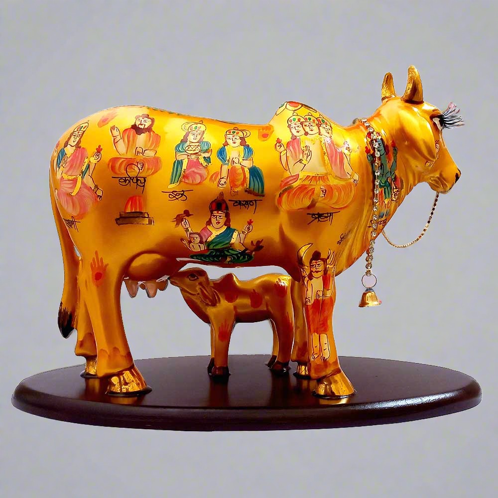 A resin Kamdhenu cow idol with hand-painted images of various gods and goddesses.