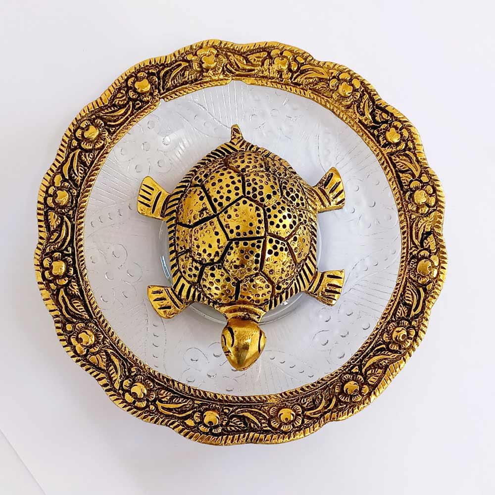 Round shaped glass bowl tortoise with metal carvings, perfect for worship room and home decor