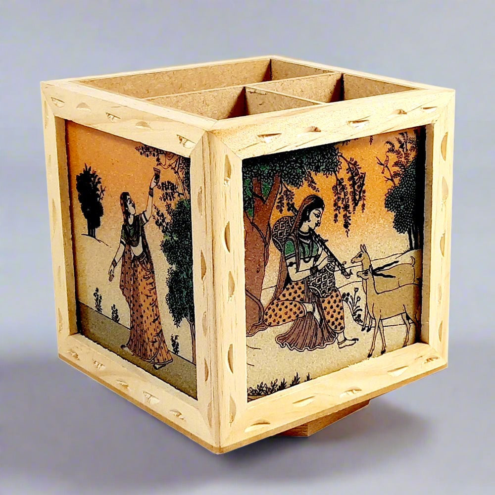 Round rotating wooden pen stand adorned with colorful gemstone painting, ideal for office desk organization