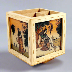 Round rotating wooden pen stand adorned with colorful gemstone painting, ideal for office desk organization