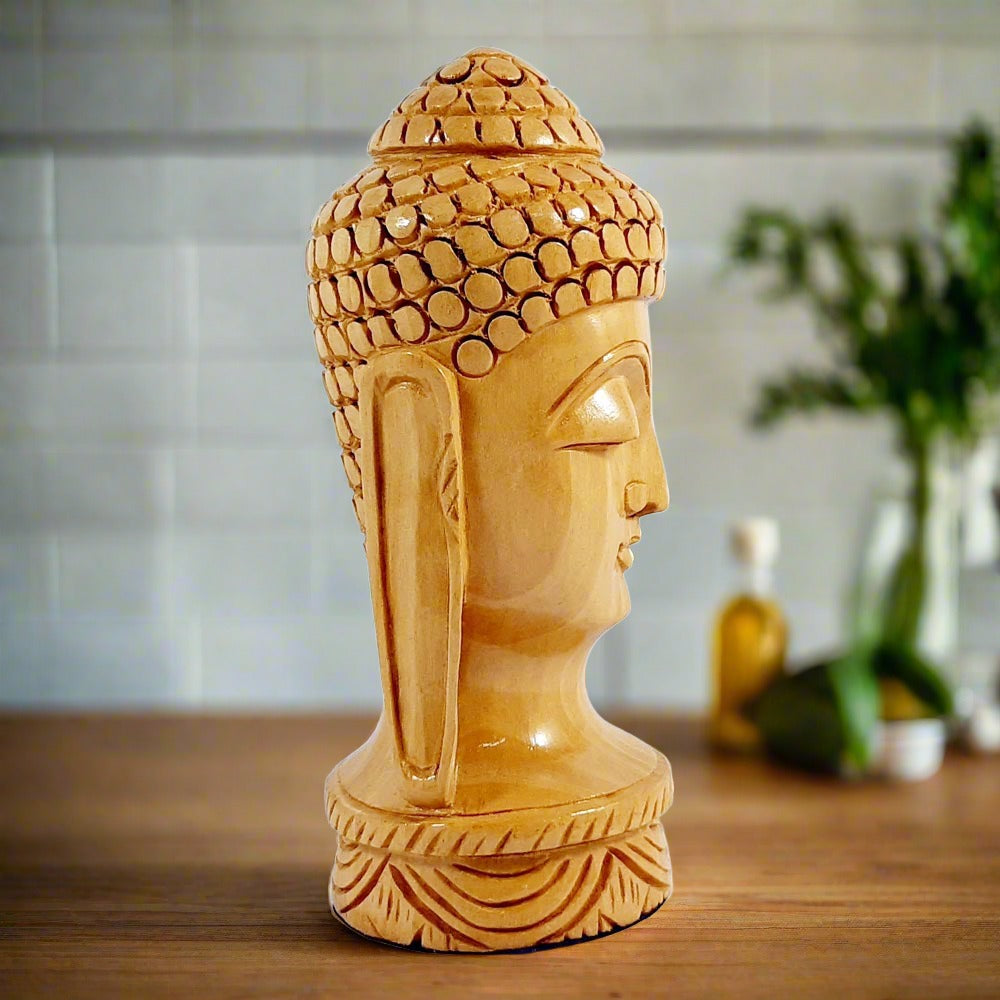 A peaceful, round-shaped wooden Buddha sculpture that brings a calming atmosphere to any room.