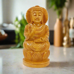 A round-shaped wooden Buddha statue with very fine workmanship, perfect for home or office decor.