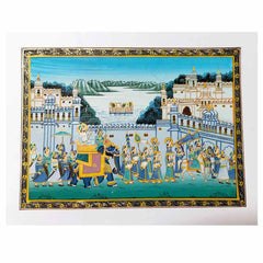 Front view king Ambabari elephant royal procession silk painting maidservants soldiers