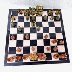 Royal Ambabari design wooden chess set from India, made with fine wood and ornate hand painting.