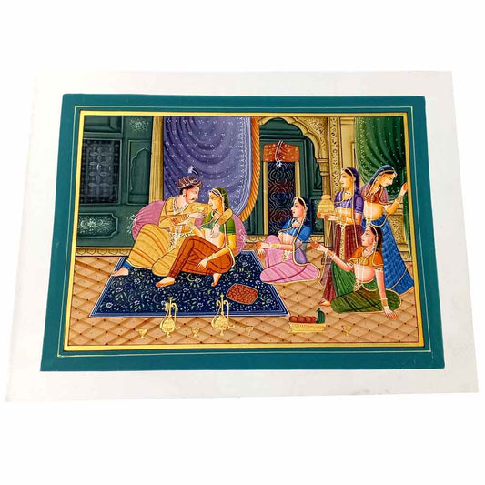 Front view spectacular royal Mughal watercolor silk painting by Rajasthan rural artists