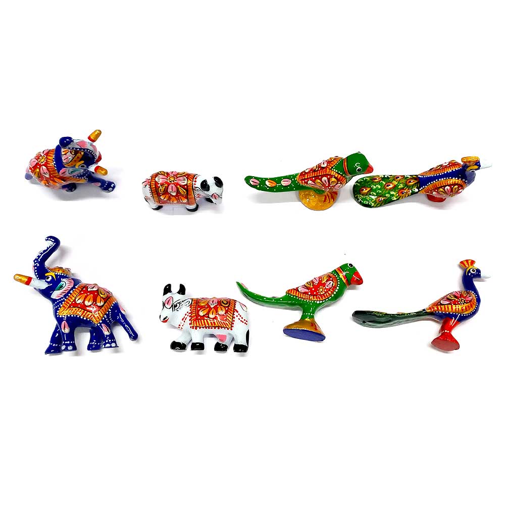 A set of 8 metal animals, including peacocks, parrots, elephants, and cows, perfect for a pooja room.