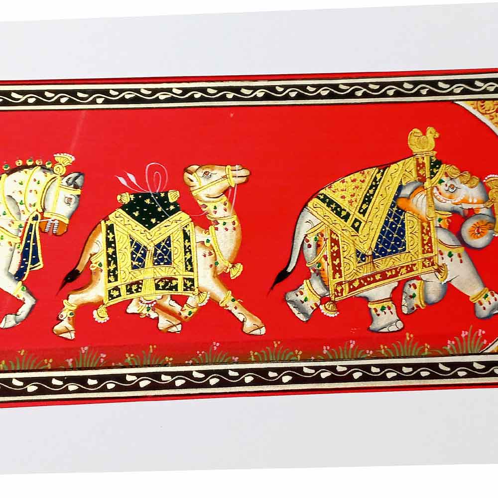Close-up fine workmanship watercolor details Rajasthan artisan horse camel elephant