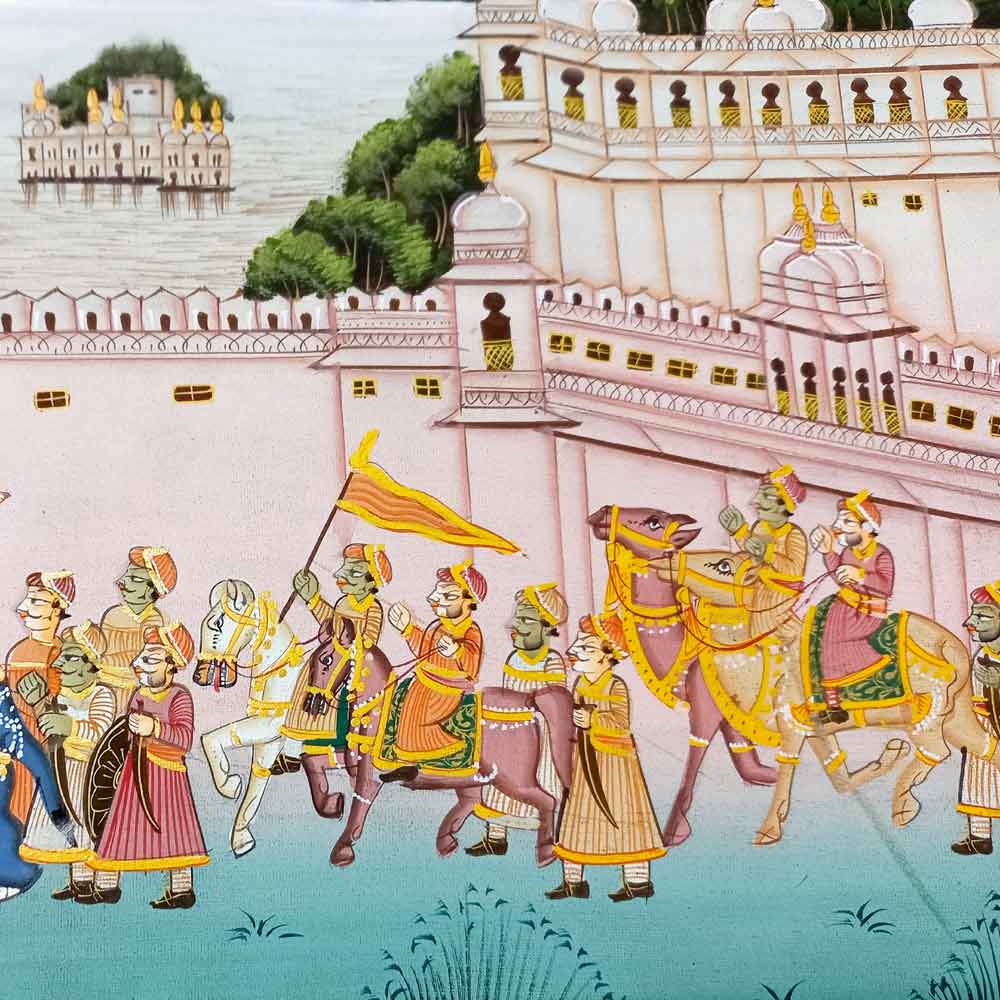 Close-up luxury procession details Mughal kings history in master artist silk work