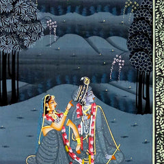 Close-up trees plants waterfalls palaces birds in beautiful night moonlight silk art