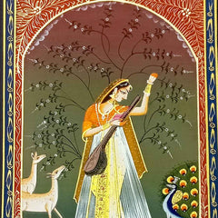 Close-up dancing peacock two deer lush trees flowers in traditional watercolor silk art