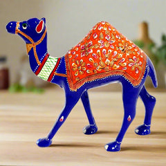 A handmade solid metal camel statue adorned with beautiful Meenakari and enamel painting.