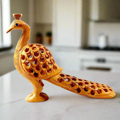A spectacular wooden peacock showpiece with an elongated shape and fine workmanship.