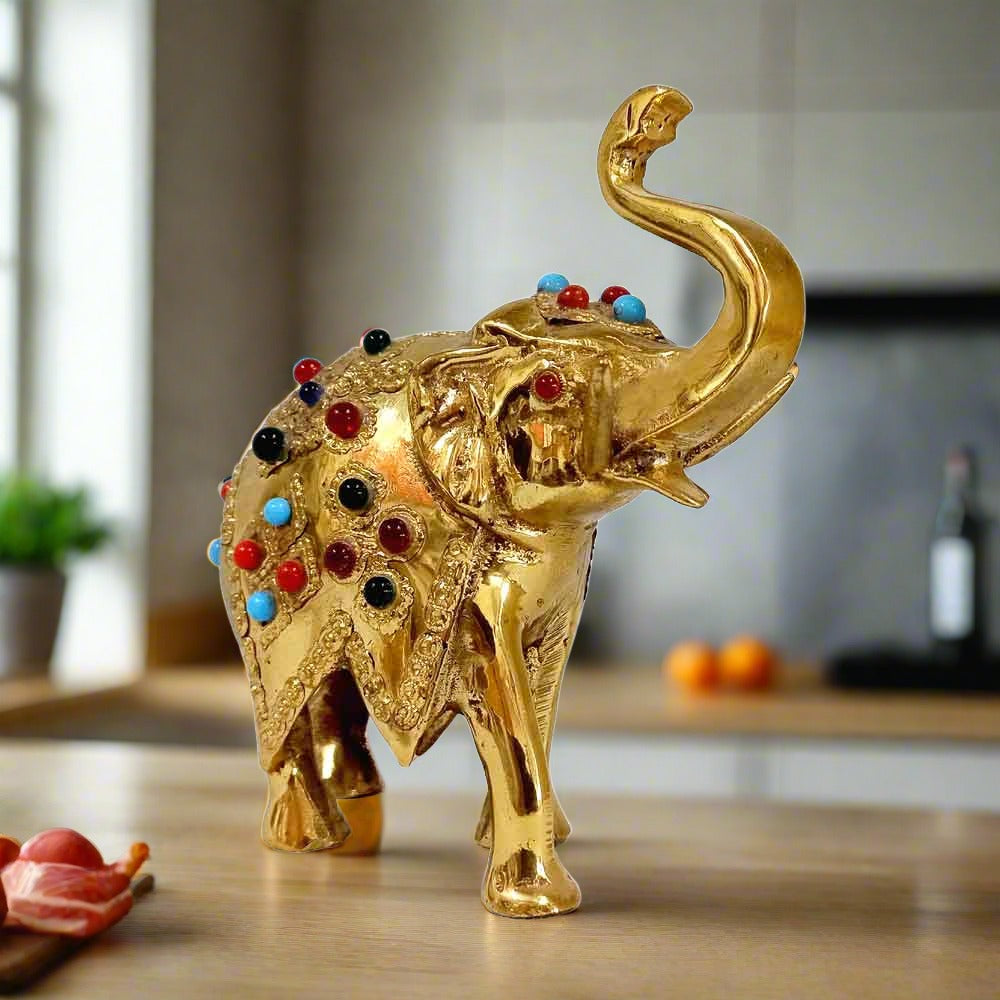Spectacular brass salami elephant figurine studded with gemstones, premium Vastu symbol for home prosperity.