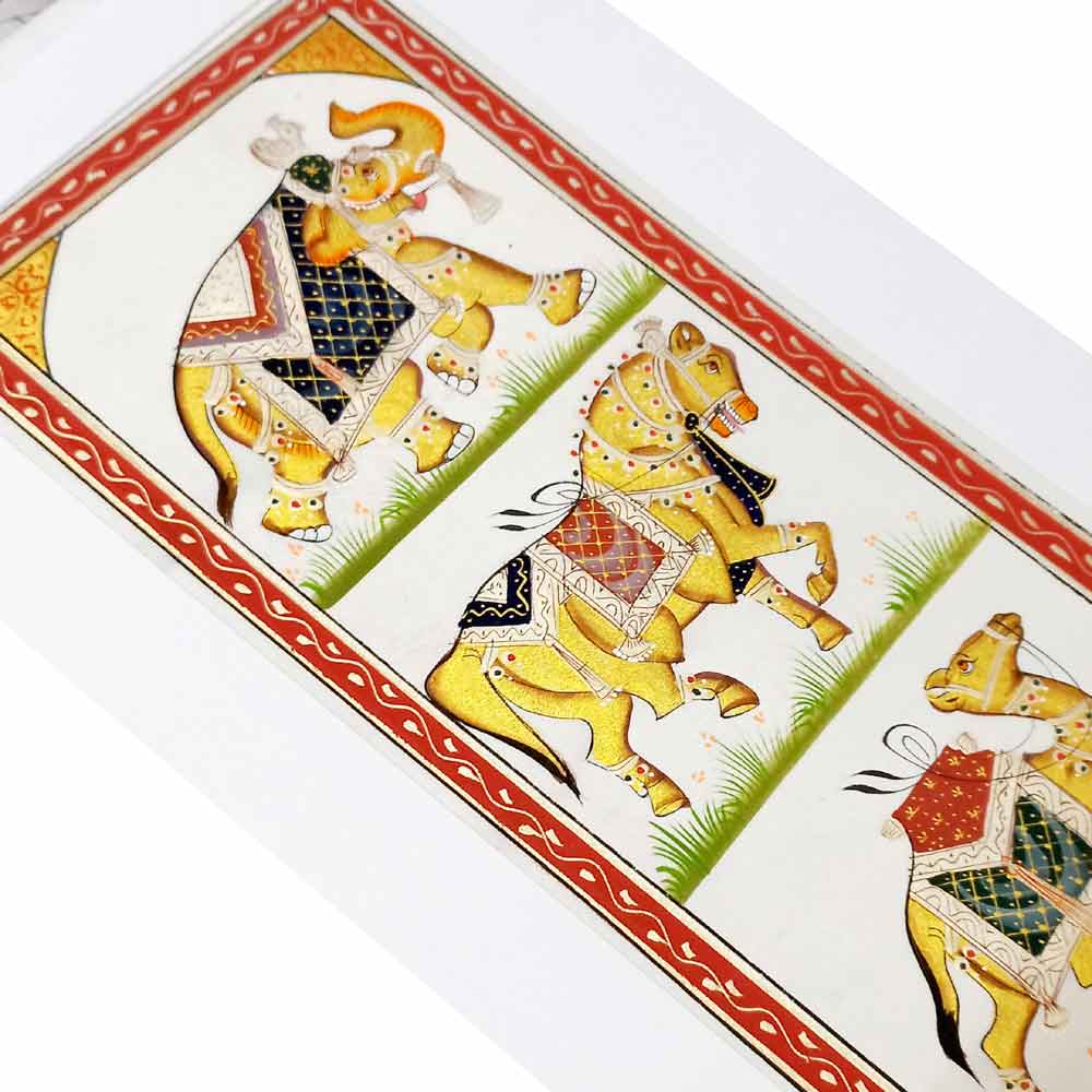 Side profile 30x13cm tall silk painting showcasing beautiful animal trio harmony