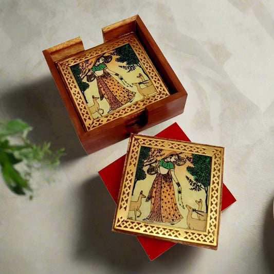 A handmade teak wood coaster set of 6, with a beautiful gemstone painting of a lady on each coaster.