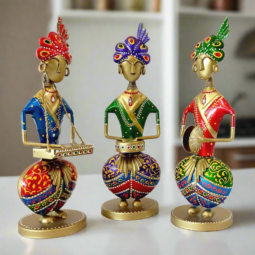 A traditional art metal musician figurine set with beautiful designs and hand painting.