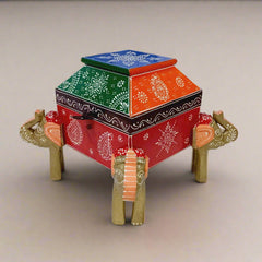 Traditional handcrafted wooden jewelry box featuring four elephants and colorful hand painting, ideal for home decor.