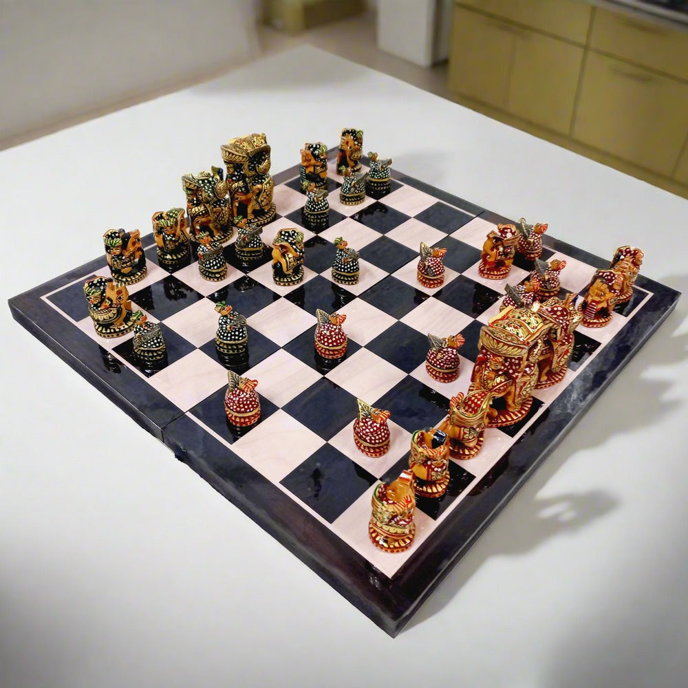 Traditional Indian wooden chess set with detailed hand painting and red-green color design, king height 8 cm.