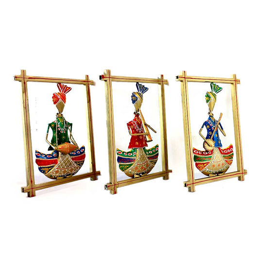 A traditional metal wall art set featuring Rajasthani musicians playing shehnai, dholak, and sitar.