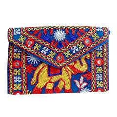 Clutch purse combining traditional and modern embroidery, crafted in silk with one zip compartment and handle.