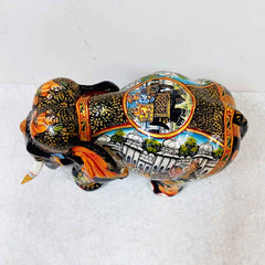 Traditional Mughal miniature painted wooden elephant statue featuring fine handwork and rich cultural symbolism.