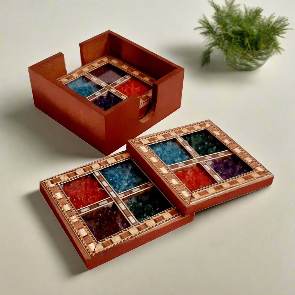 A traditional wooden coaster set with a stone-work design, perfect for home dining table decor.