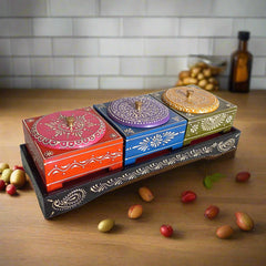 Traditional wooden dry fruit box set with three compartments and steel bowls, handcrafted with exquisite workmanship.