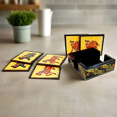 A traditional wooden tea coaster set with a floral design stand, perfect for a dining table.