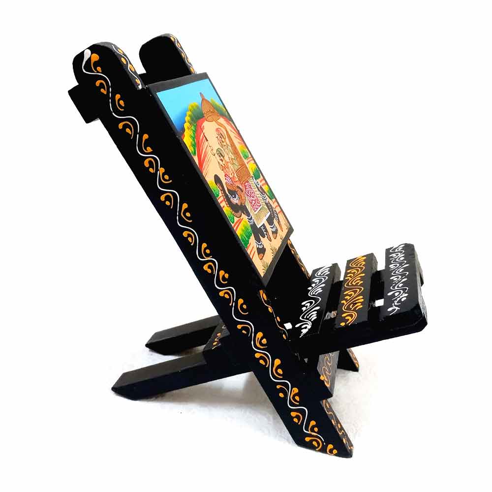Unique chair-shaped wooden mobile holder with intricate emboss painting, easy to carry