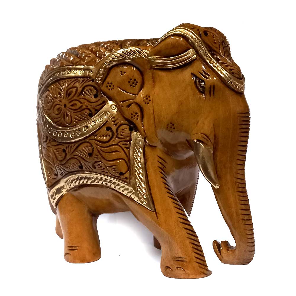 A wooden elephant with a unique look, perfect for a showcase or table to attract attention.
