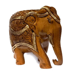 A wooden elephant with a unique look, perfect for a showcase or table to attract attention.