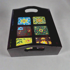 Vibrant handcrafted wooden tray with decorative ceramic tiles that comfortably holds six glasses.