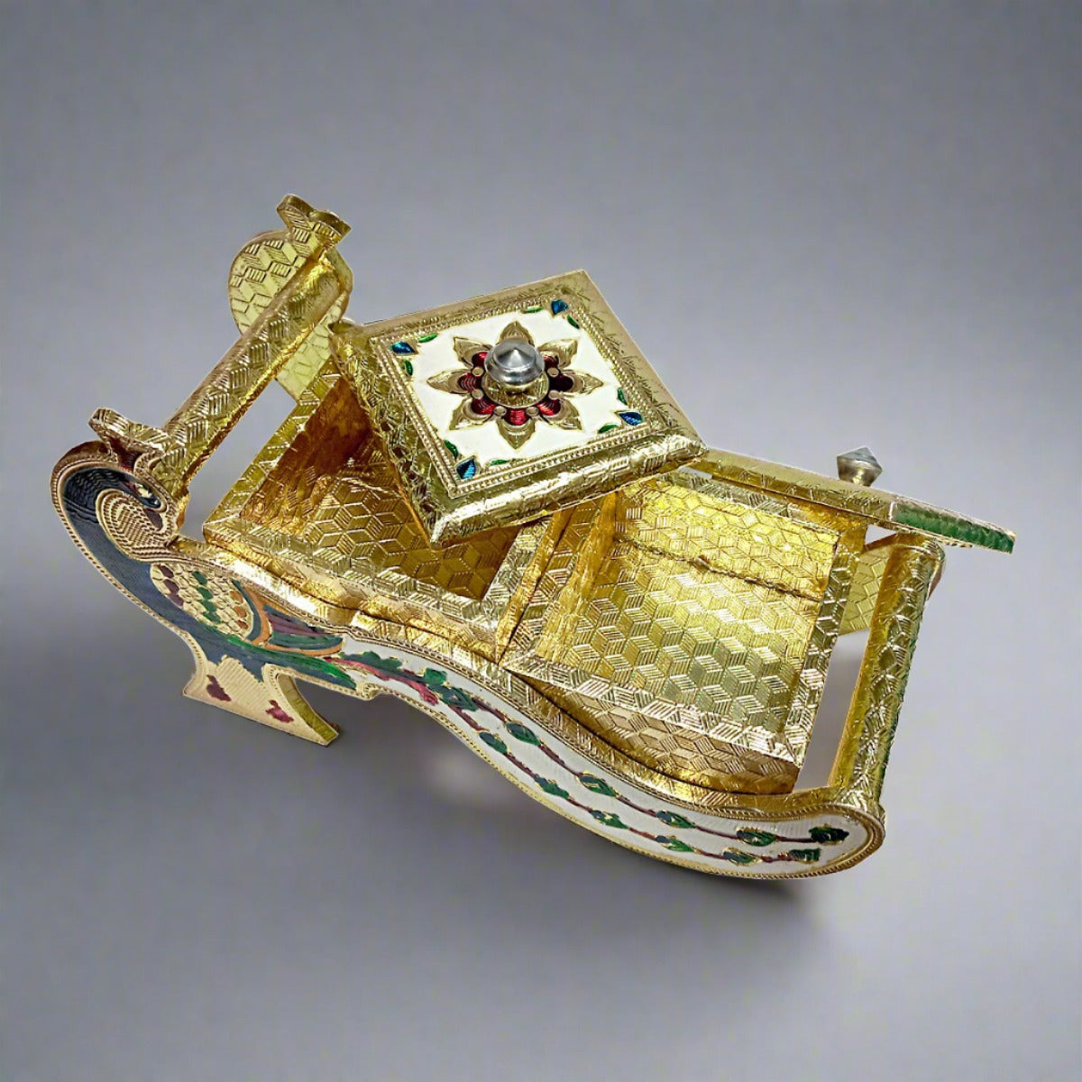 A vibrant, handmade dry fruit box with a peacock design, a perfect Diwali gift.