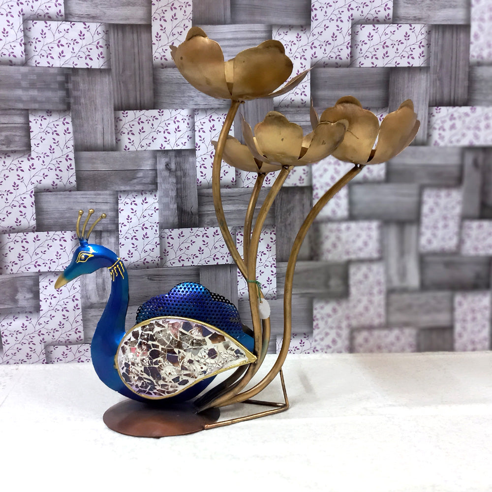 Vibrant handpainted metal peacock candle holder adorned with glass feather accents and four lotus candle holders.