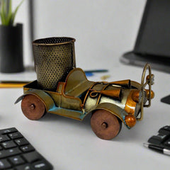 Vintage car design metal pen stand with antique hand painting, featuring circular holder for pens and pencils.