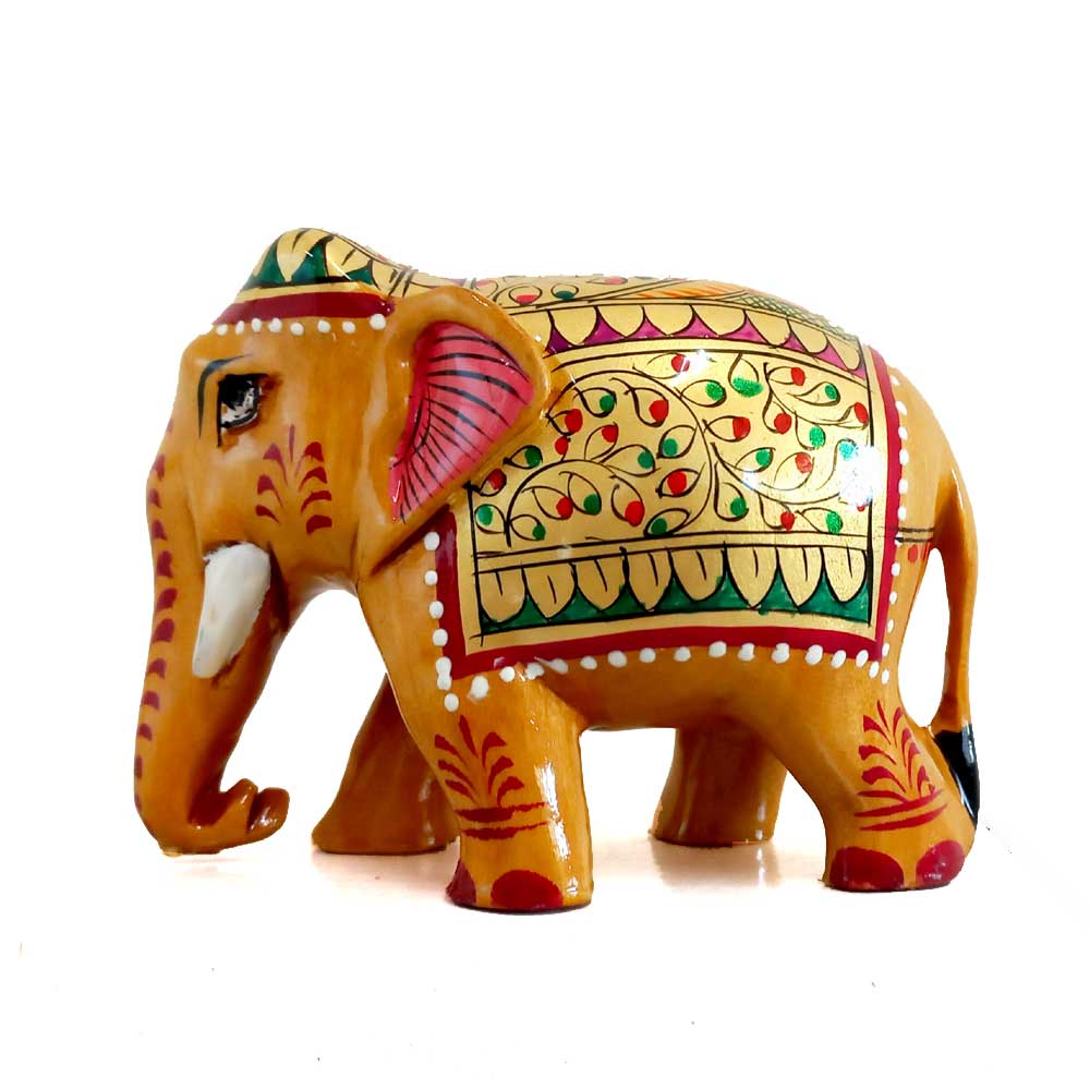 Wooden elephant statue with floral designs in red and green painted on gold, ideal for gifting and interior decor