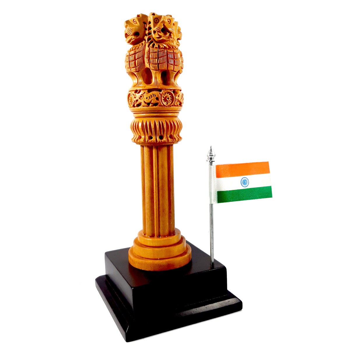 Wooden Ashok Stambh with Indian tricolor flag for home and office decoration.